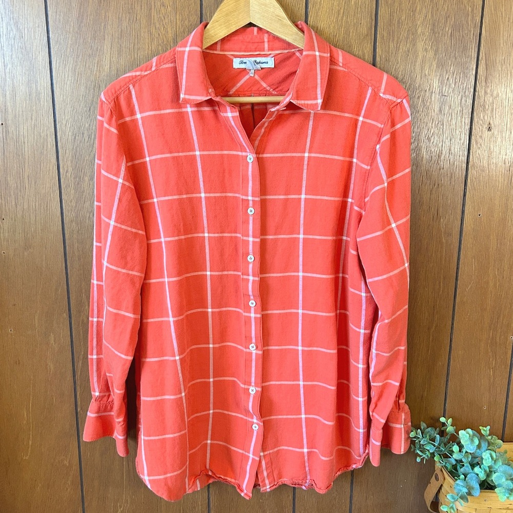 Tommy Bahama Coral Plaid Button Down Shirt L/G Rayon Tencel Lyocell Vacation